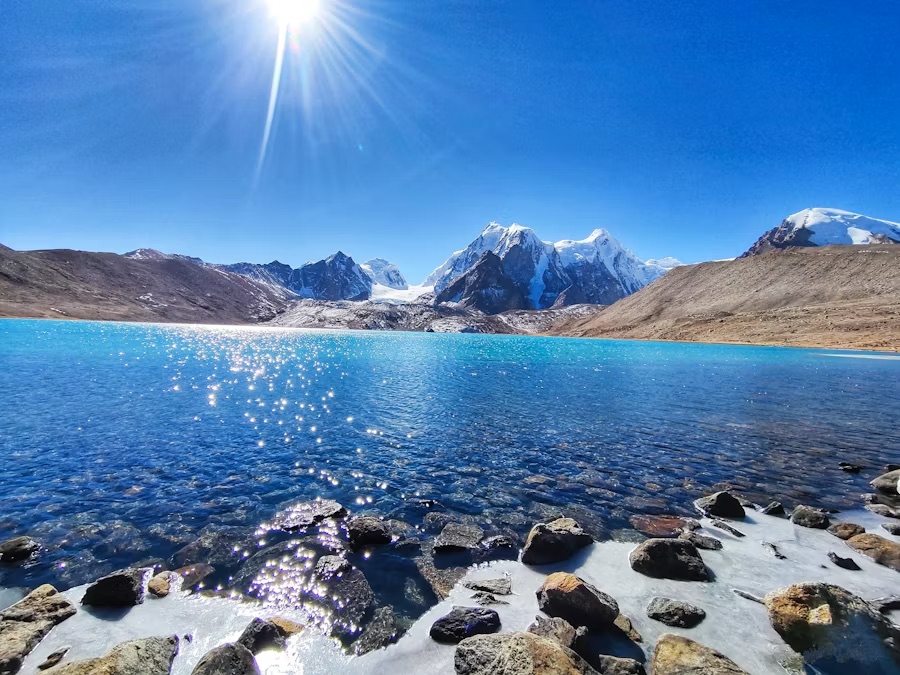 A turquoise high-altitude lake in North Sikkim ringed by bare slopes and snow peaks