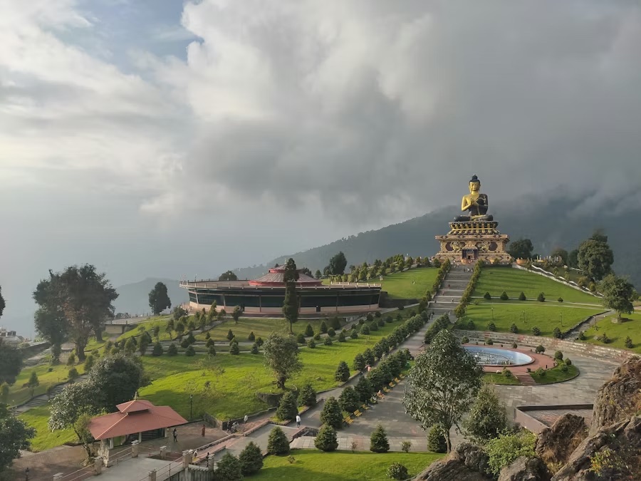 The golden Buddha statue above the landscaped grounds of Buddha Park in Ravangla, South Sikkim