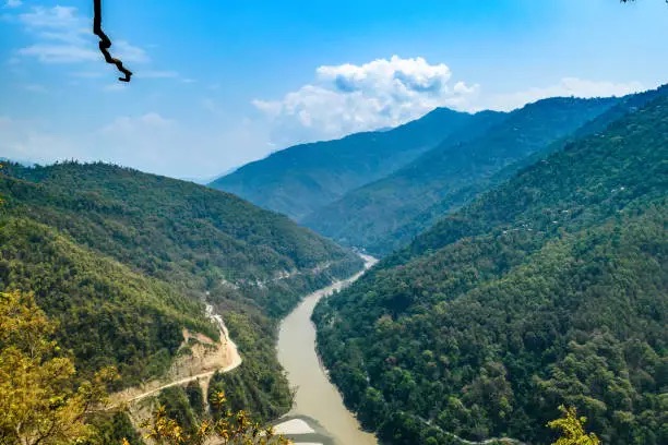 The Tista river winding through a deep forested gorge between Gangtok and Darjeeling